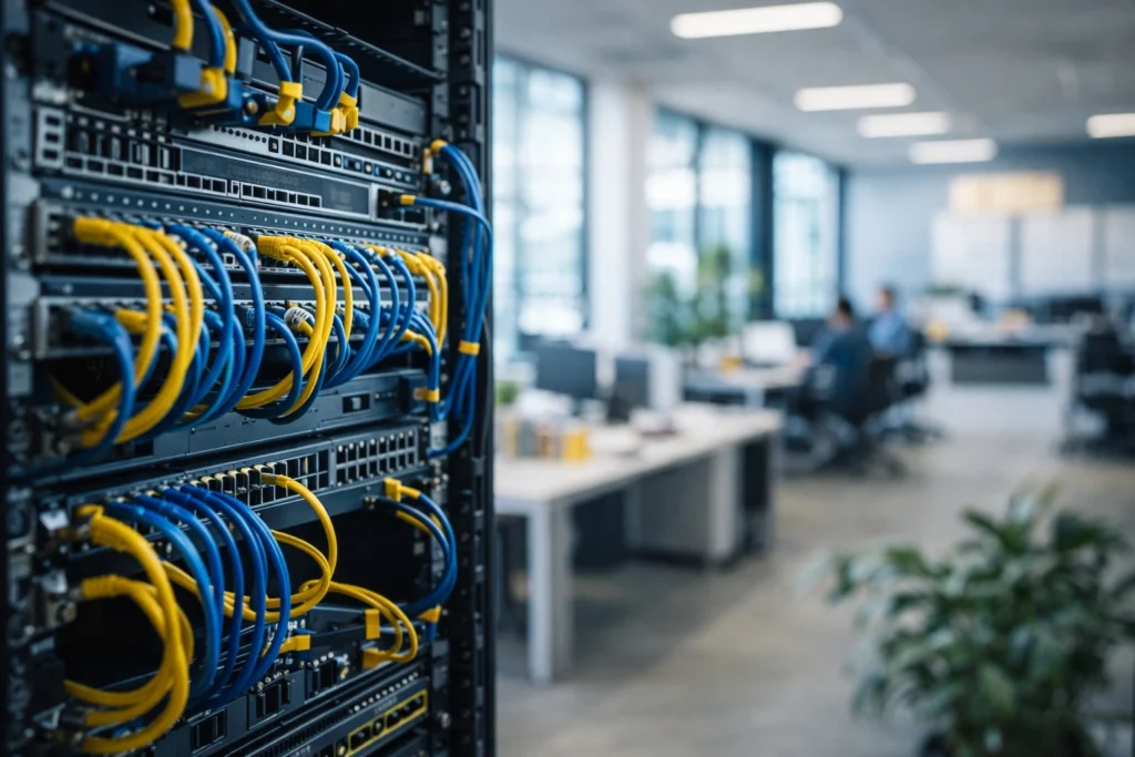 Cables organizados en sala de servidores que reflejan control y prevención del soporte técnico continuo