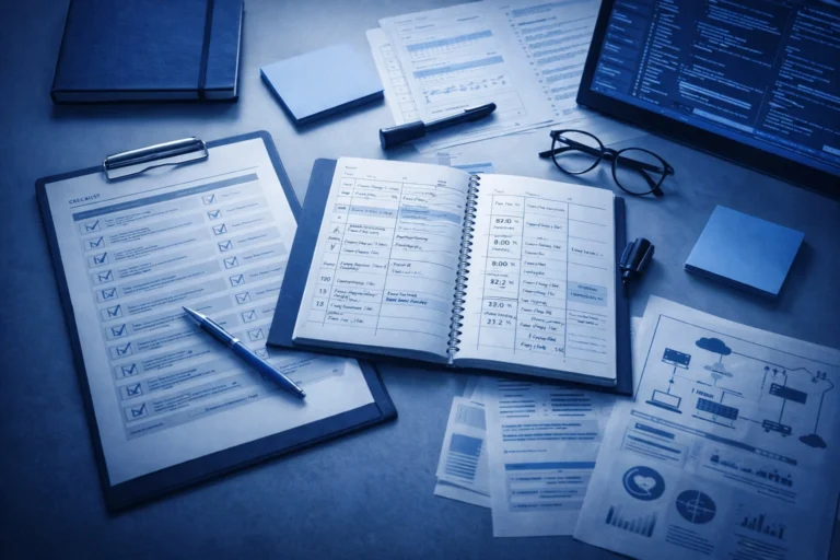 Escritorio organizado con planificación técnica durante un servicio de soporte técnico por evento