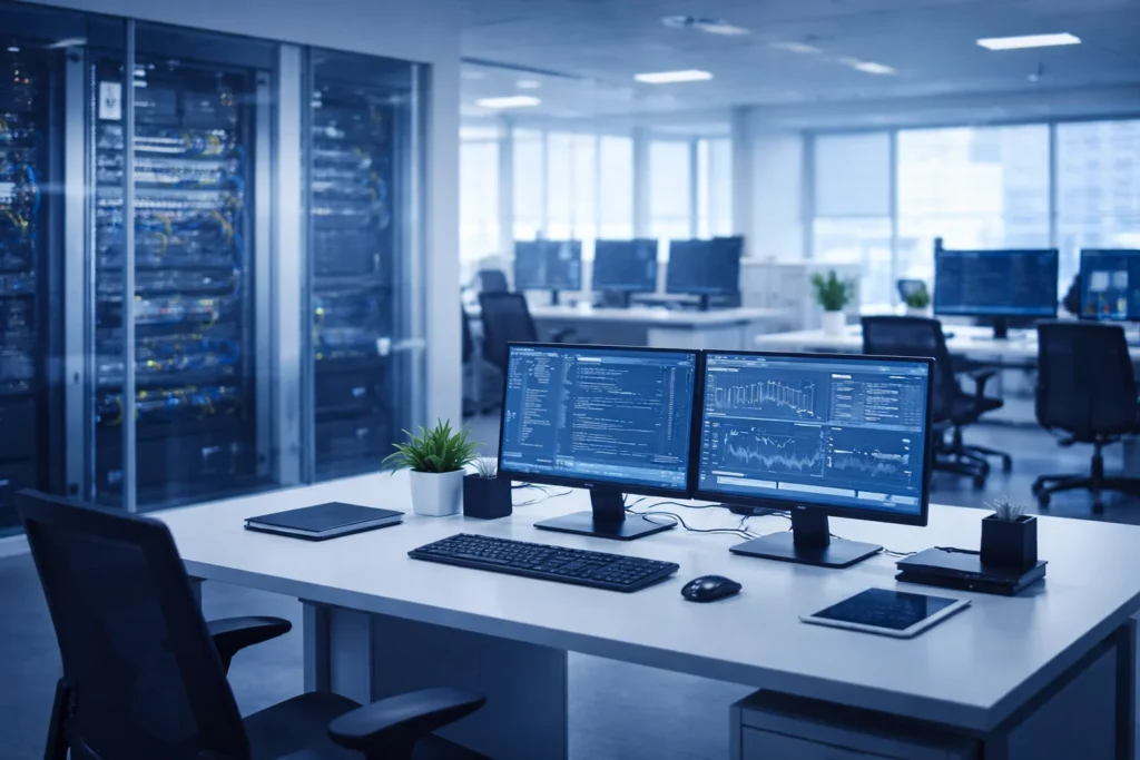 Oficina corporativa moderna con tecnología organizada para soporte técnico profesional en empresas