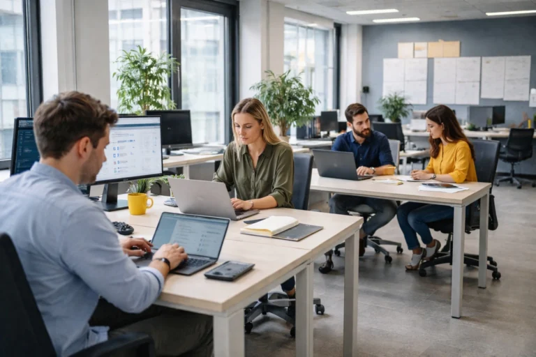 Oficina moderna y colaborativa con equipos trabajando de forma estable gracias al soporte técnico continuo