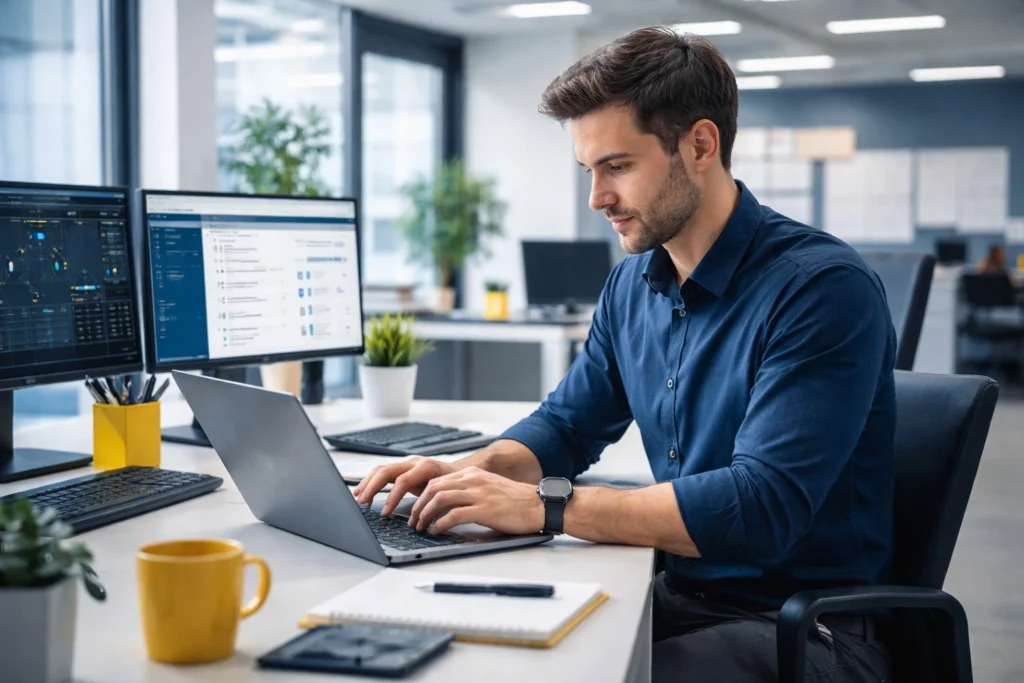 Técnico de TI trabajando en oficina organizada como parte del soporte técnico continuo para empresas