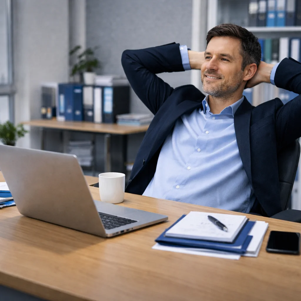 Empresario trabajando con tranquilidad gracias a soporte técnico estable en su oficina