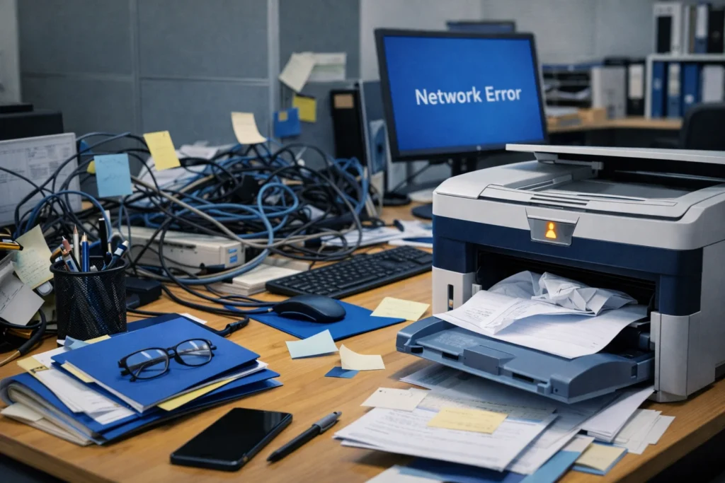 Oficina con problemas de red y falta de soporte técnico profesional para empresas