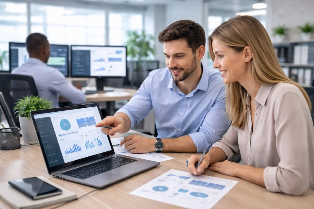 profesionales analizando información tecnológica en computadora durante proyecto tecnológico empresarial