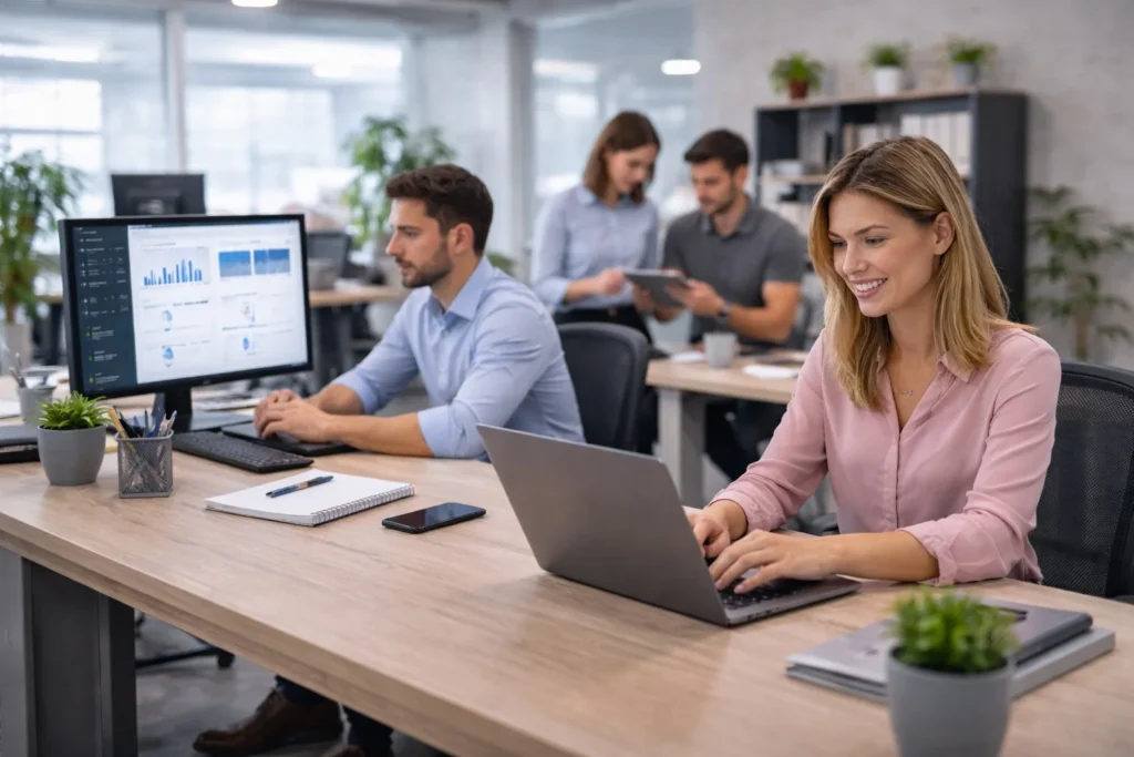 Empleados colaborando en una oficina moderna utilizando tecnología y sistemas informáticos