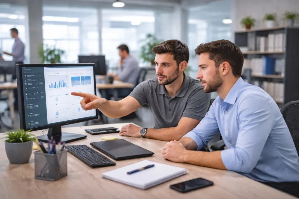 Equipo de trabajo colaborando en una oficina moderna utilizando computadoras y sistemas empresariales