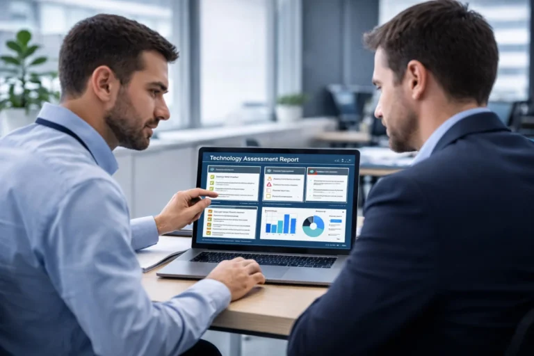 Consultor explicando informe de diagnóstico tecnológico empresarial a cliente