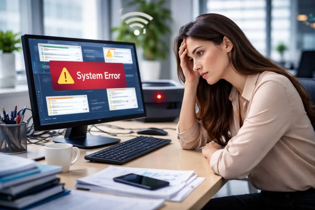 Empleado con error de sistema en computadora durante problema tecnológico en oficina