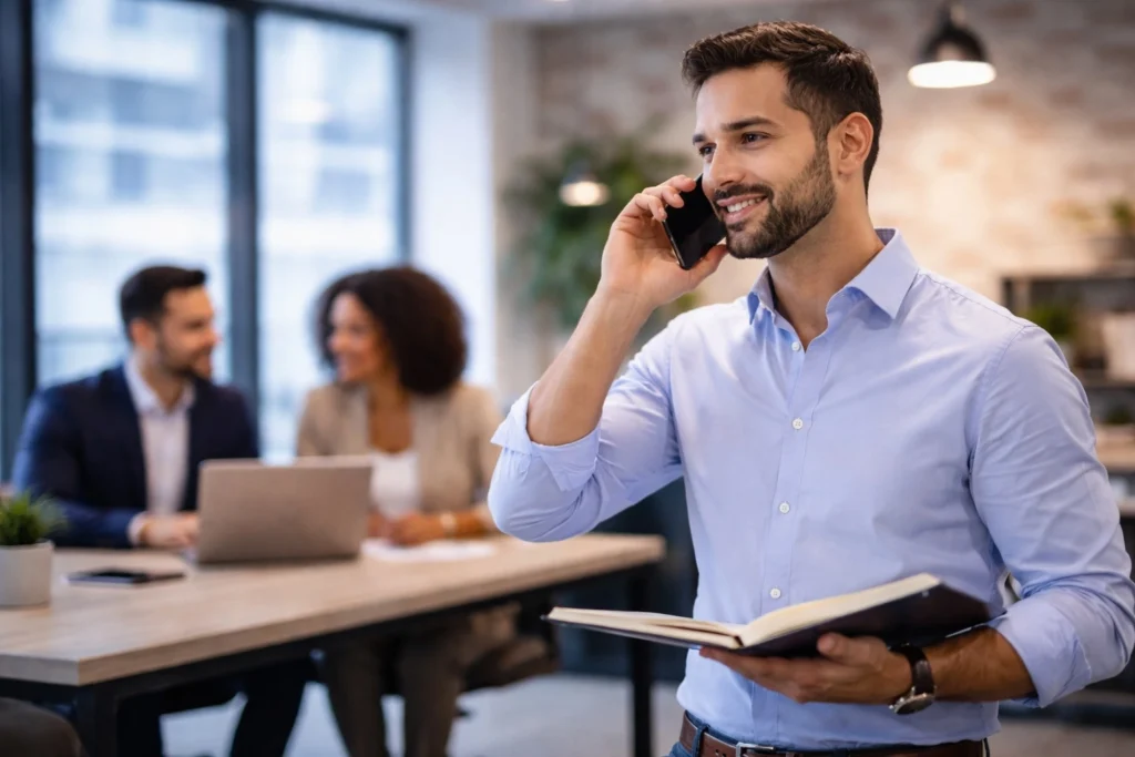 Hombre de negocios hablando por teléfono en oficina moderna solicitando soporte tecnológico para empresa