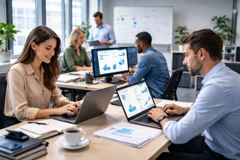 Equipo de trabajo en oficina moderna utilizando computadoras en empresa