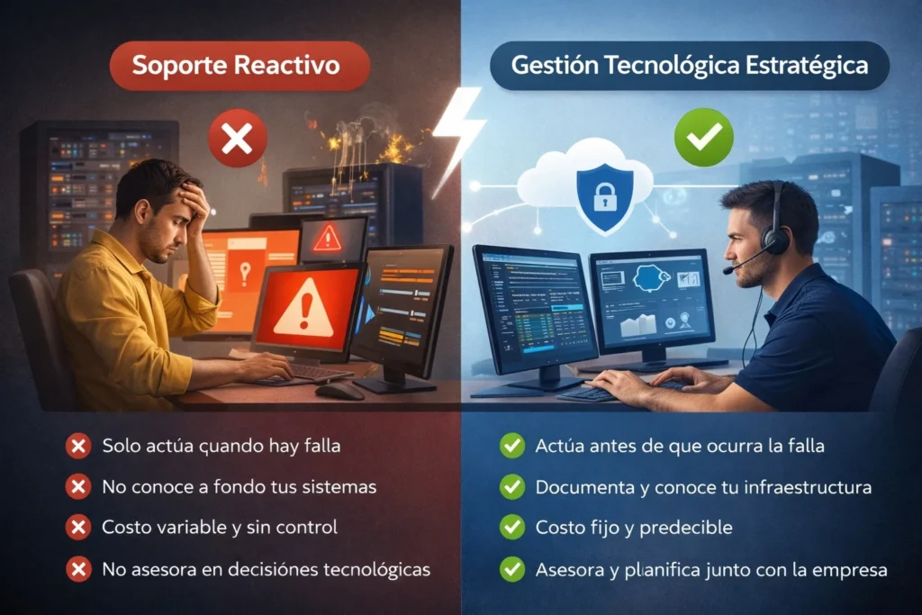 Diferencia entre outsourcing TI reactivo y gestión tecnológica estratégica para empresas
