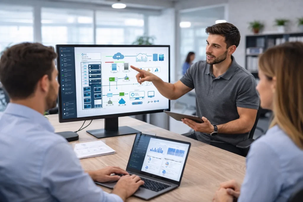 consultor tecnológico explicando infraestructura informática a clientes en oficina moderna