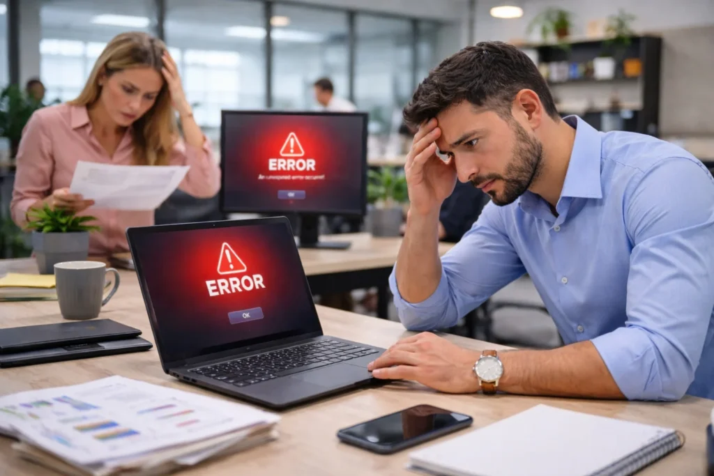 Empleados enfrentando problemas tecnológicos en la oficina debido a fallas en sistemas informáticos