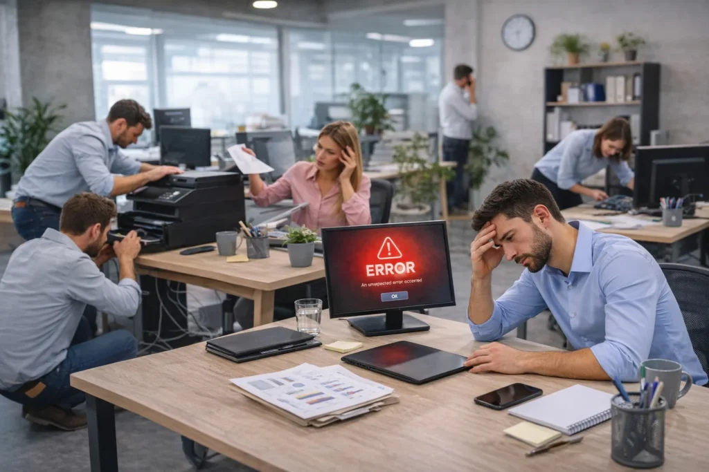 Equipo de trabajo colaborando en una oficina moderna utilizando computadoras y sistemas empresariales
