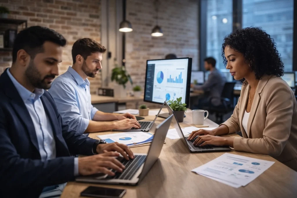equipo de profesionales trabajando con computadoras en oficina moderna que depende de tecnología