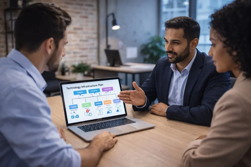 reunión de planificación tecnológica entre consultor de TI y empresa en oficina moderna