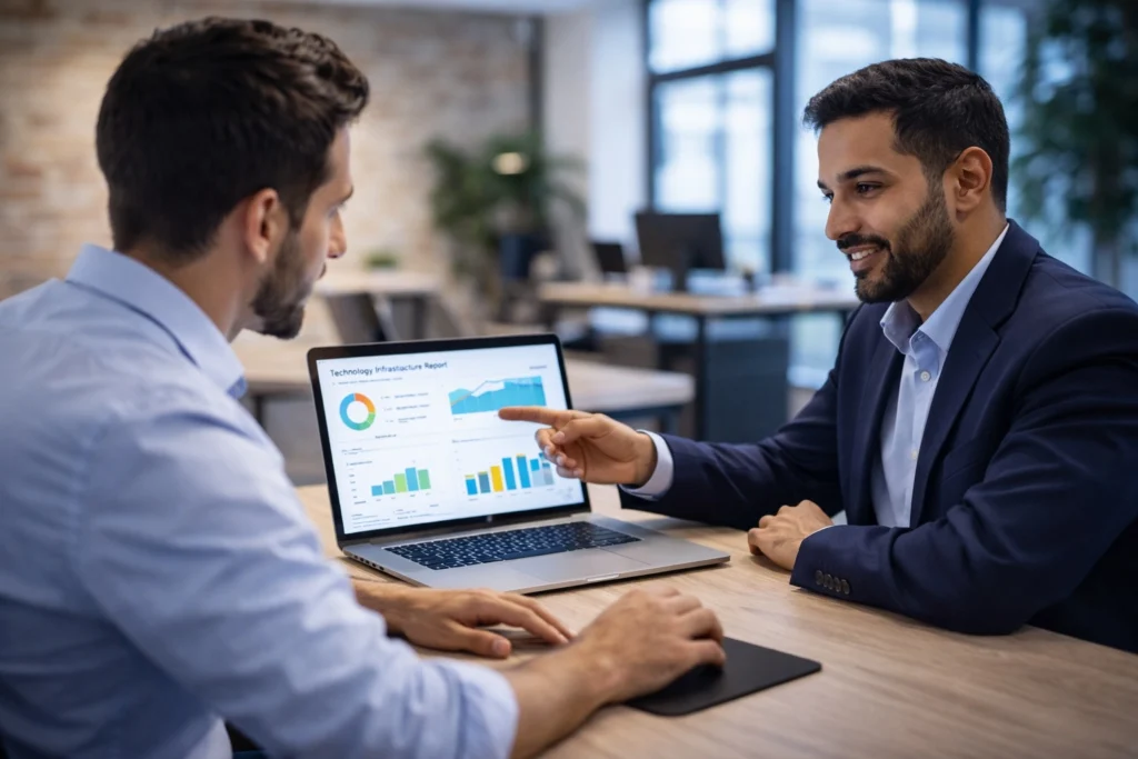 consultor tecnológico explicando informe o estado de sistemas a cliente en oficina