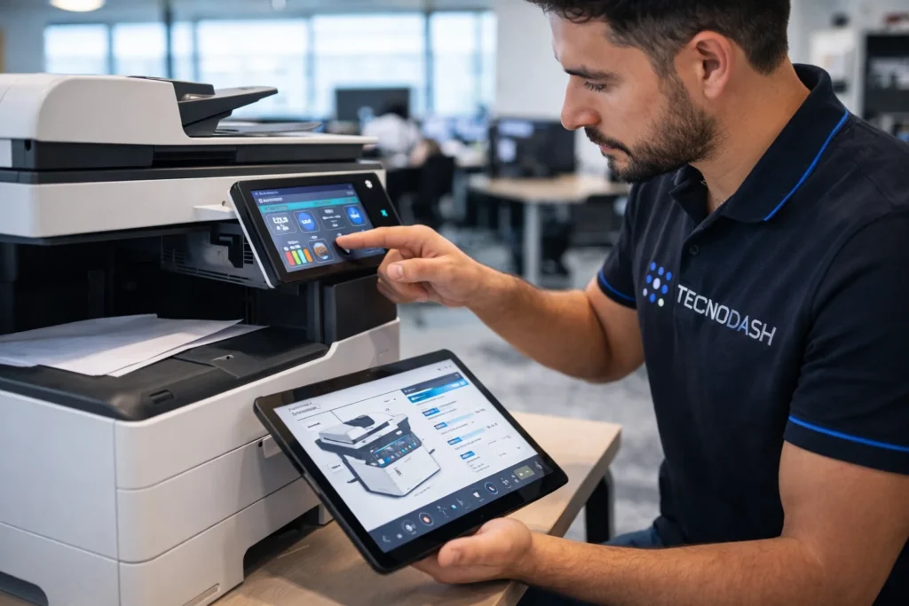 Técnico configurando una impresora de oficina como parte de un servicio técnico empresarial