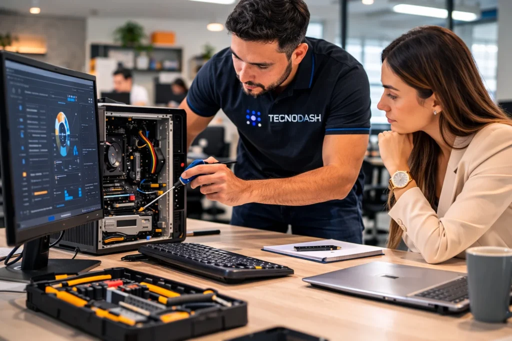 Técnico de soporte informático ayudando a un empleado a resolver un problema en su computadora en oficina