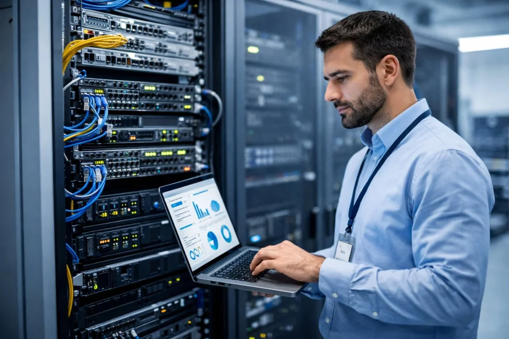 Técnico revisando servidores durante diagnóstico tecnológico empresarial