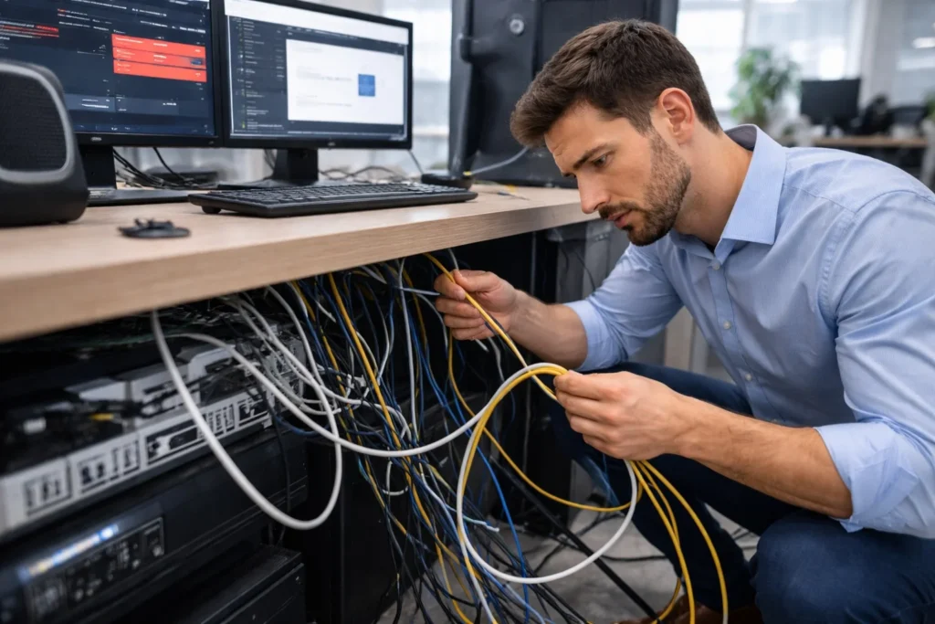 técnico revisando cableado de red desordenado en infraestructura tecnológica empresarial