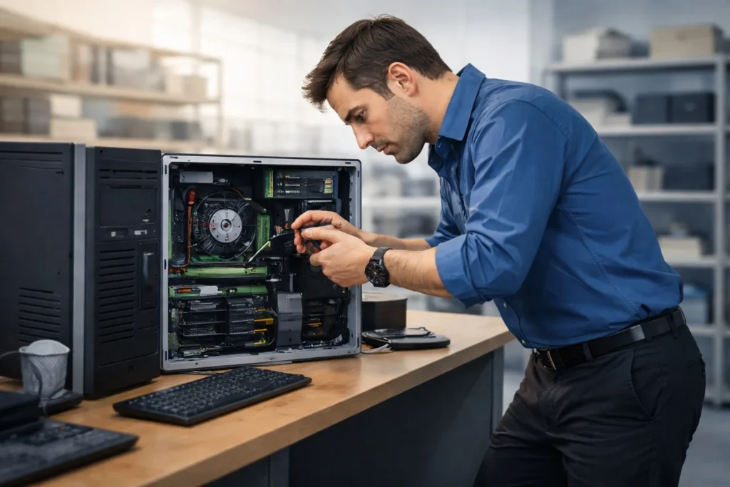 Técnico de soporte realizando mantenimiento preventivo en equipos de cómputo de una empresa