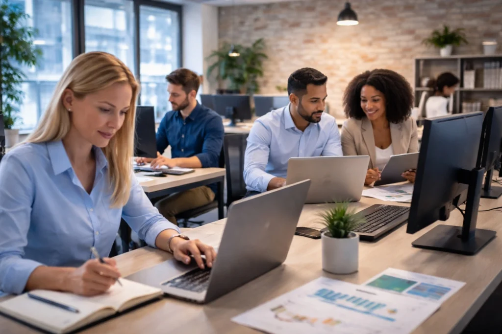 equipo de profesionales trabajando con computadoras en oficina moderna que depende de tecnología
