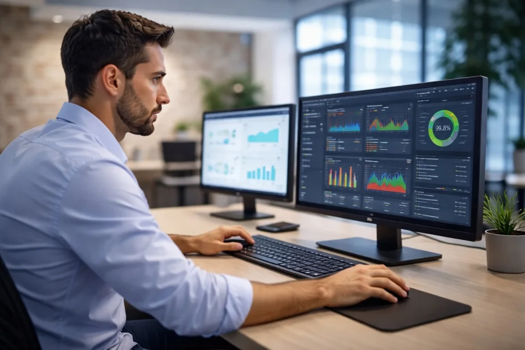 profesional de TI analizando sistemas y monitoreo tecnológico en su oficina